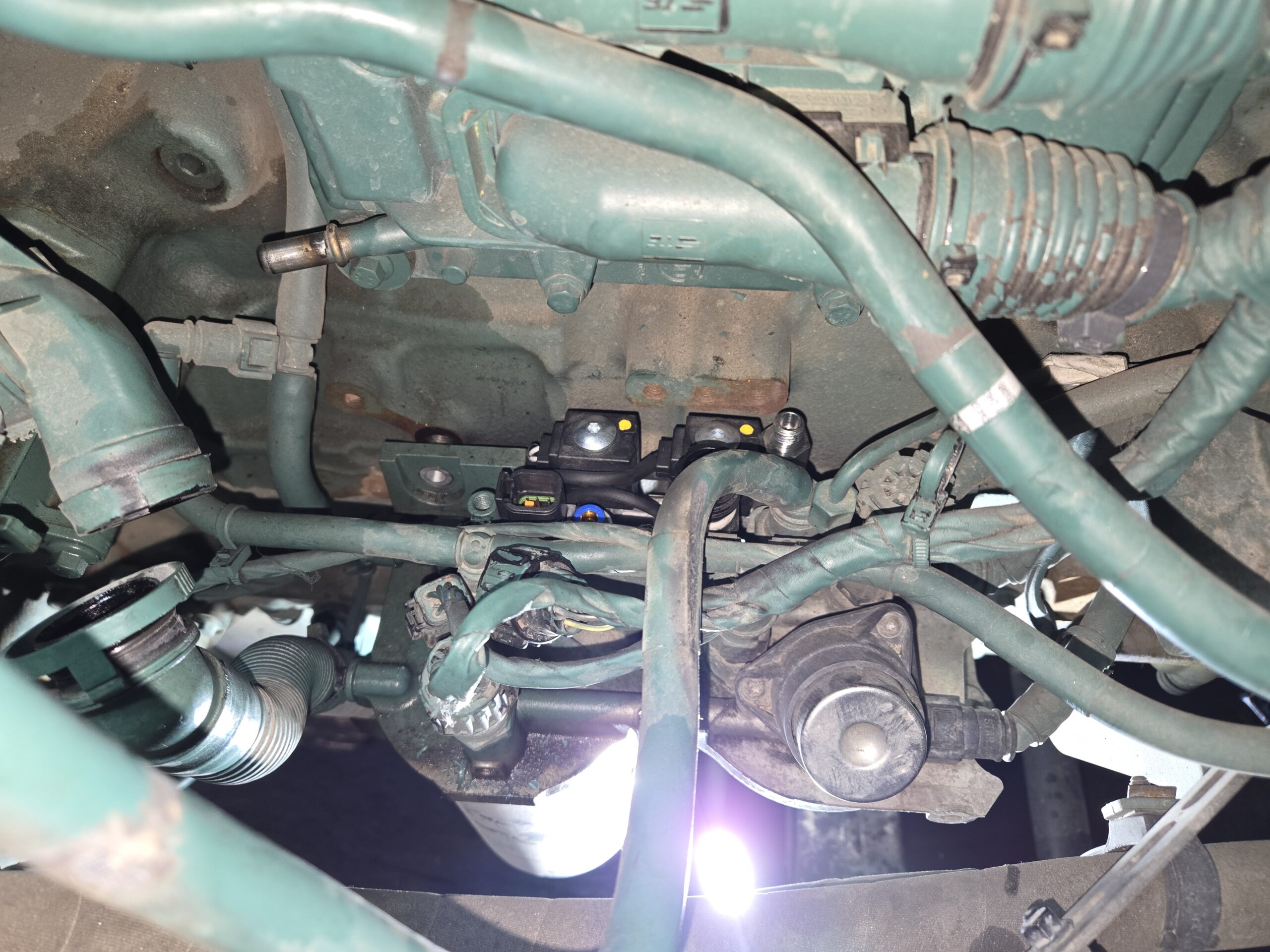 Close-up of engine components and wiring in a heavy duty truck at Big Wheels Repair in Gainesville, showcasing our maintenance and repair services.