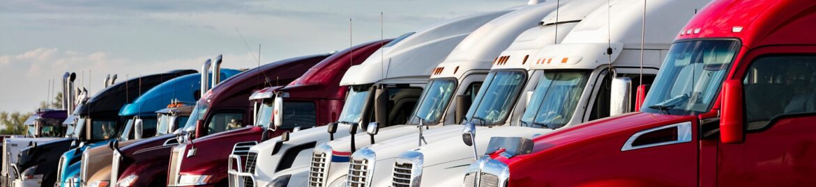 Row of various colored semi-trucks parked in a lot.