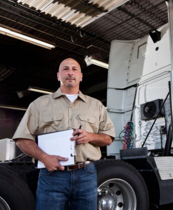 A technician holding a clipboard stands next to a semi-truck in the repair shop at Big Wheels Repair in Gainesville, highlighting their heavy duty truck repair services.